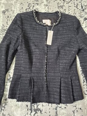 NWT Rebecca Taylor Black Tweed Pearl Embellished Peplum Jacket 718531J847 Size 4